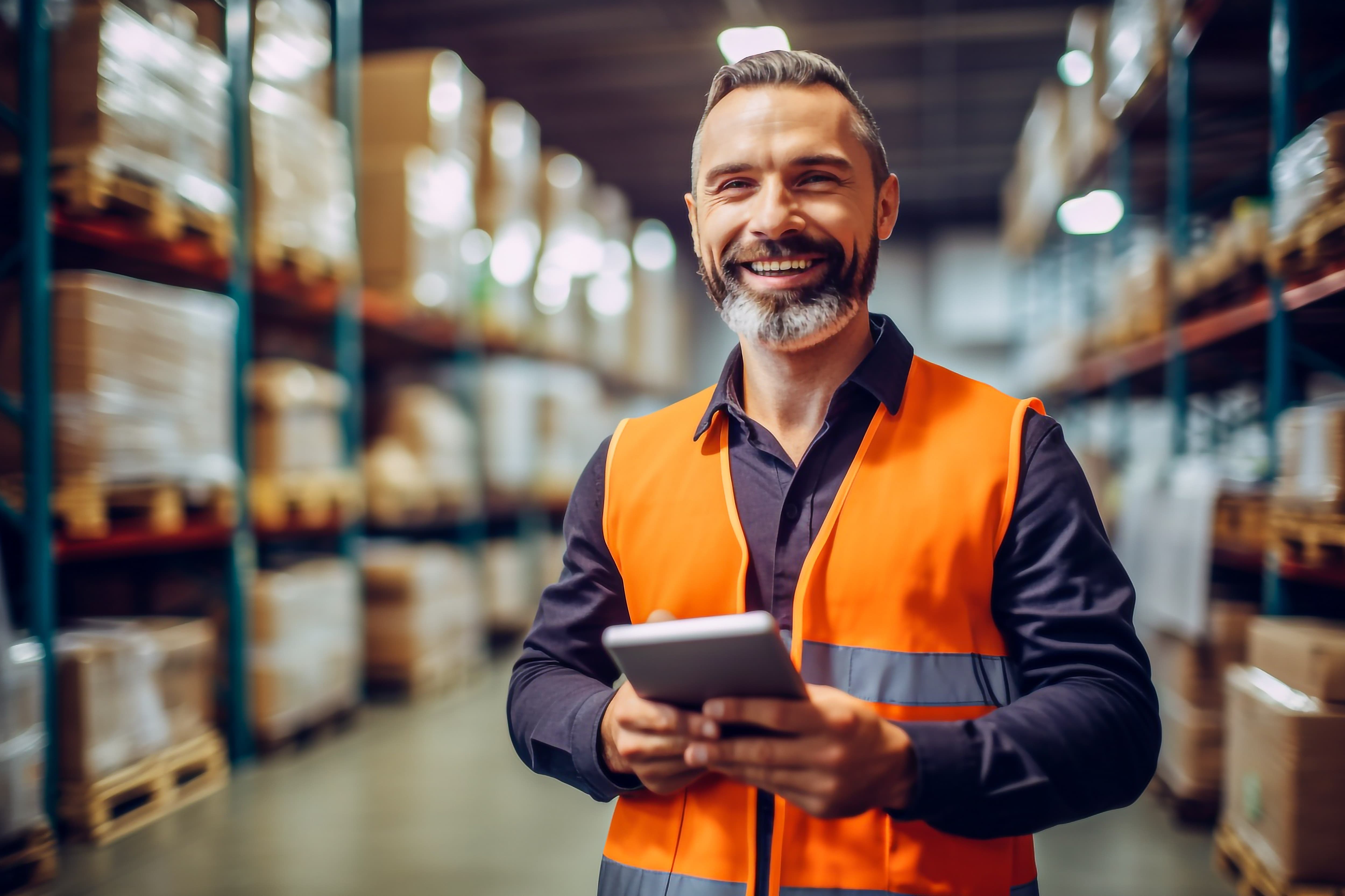 Warehouse operations professional using a tablet, representing efficient logistics and service excellence